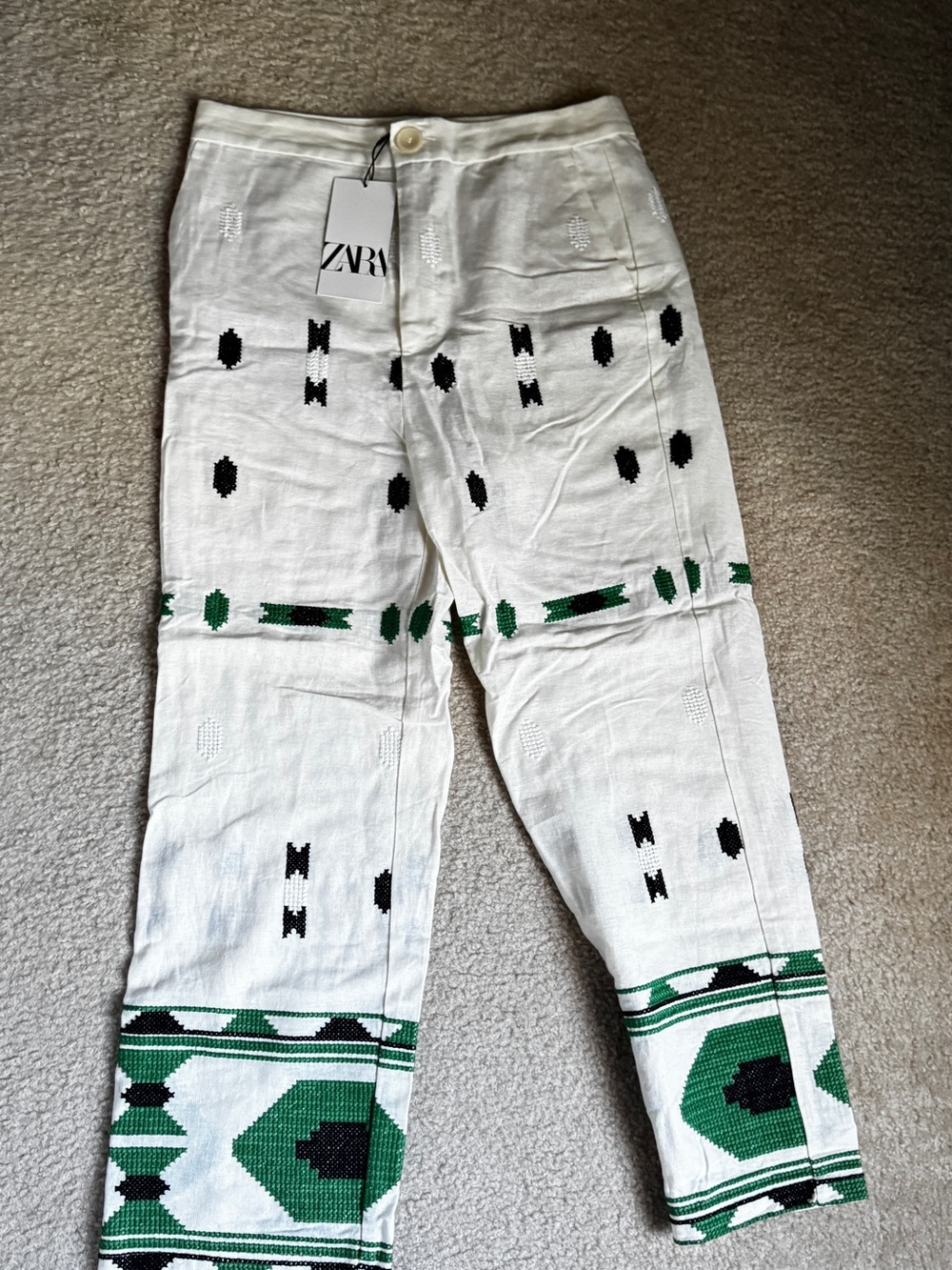 NWT: ZARA White Pants with Black & Green Geometric Accents